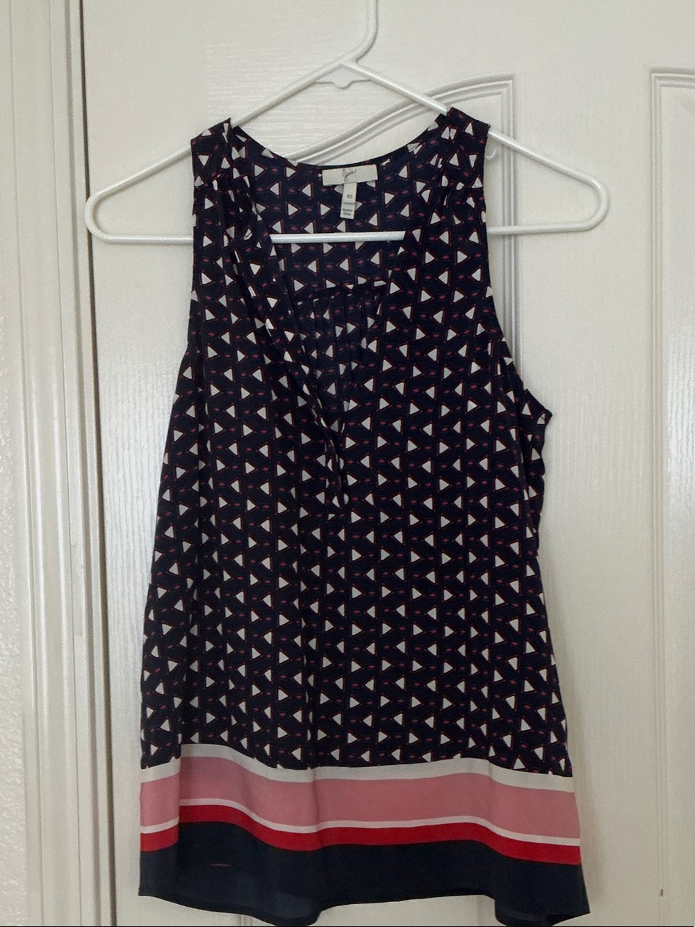 Joie Silk Navy Geometric Tank with Pink & Red Stripe Hem